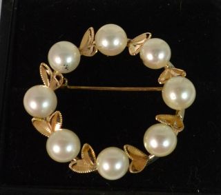 Large 14ct Gold & Pearl Wreath Brooch P1866