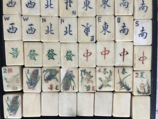 Antique Chinese Carved Bovine Bone Bamboo Mah Jong Tile Game Set Mahjong 11