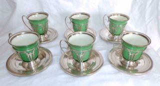 Antique Sterling Intl Silver Co 6 Demitasse Cups 6 Plates Lenox inserts liners 2