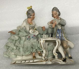 Karl Theime Dresden Lace Figurine Chess Players Porcelain Man Woman As - Is