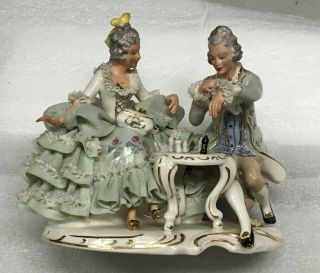 Karl Theime Dresden Lace Figurine Chess Players Porcelain Man Woman As - Is 2