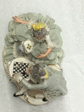 Karl Theime Dresden Lace Figurine Chess Players Porcelain Man Woman As - Is 4