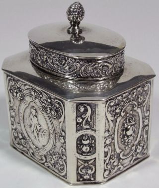 Small Antique 19thc German 800 Silver Tea Caddy Box,  Repousse Figures