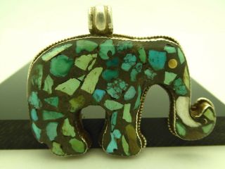 Vintage Elephant Sterling Blue Green Turquoise Mosaic Gemstone Pendant Necklace