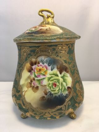 Antique Rare Nippon Gilded Porcelain Floral Cracker Biscuit Jar