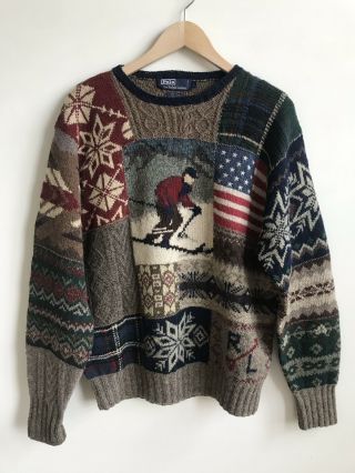 Vtg Polo Ralph Lauren Hand Knit Wool Suicide Ski Sweater Patchwork American Flag