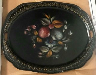 Vintage Hand Painted Flowers Black Toleware Tray / Wall Hanging - 15 " By 12 "