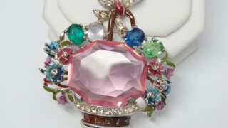 Antique Trifari ? Pink Cut Glass Rhinestone Art Deco Flower Basket Vtg Brooch