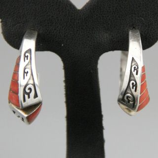 Vintage Navajo Coral Sterling Silver Hoops Lonn Parker Native American Earrings 2