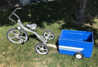 Vintage Trike Anthony Brothers Convert - O Aluminum Tricycle And Blue Wood Trailer