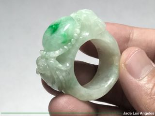 Unisex 2 Pixiu Abalone Rich Green/Tranclucent White Jadeite Jade Ring Sz:11 - 11.  5 7
