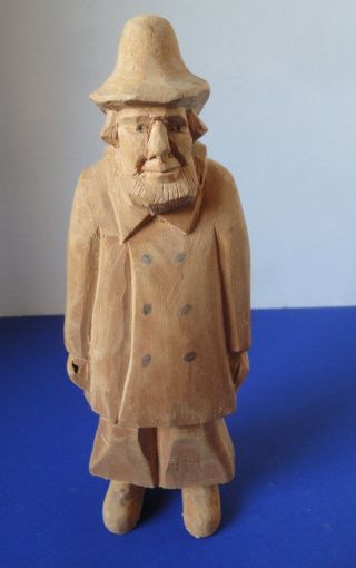 Folk Art Wood Carving Vintage Bearded Maritime Fisherman In Rain Slick & Hat