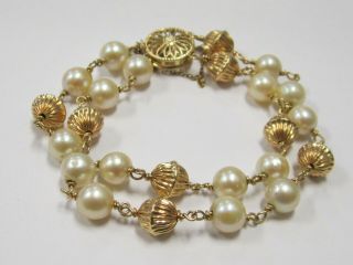 Vintage 14k Yellow Gold & Cultured Pearls Bracelet 7 "