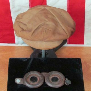 Vintage 1920s Antique Motorcycle Riders Cap/hat & Riding Goggles Real - Glass Rare