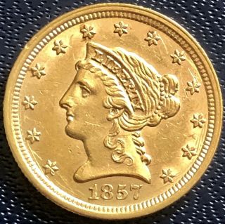 1857 S Quarter Eagle $2.  5 Gold Liberty Head Rare Date San Francisco Unc D 16625