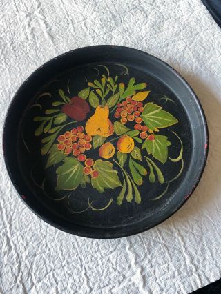 Vintage Hand Painted Round Tole Tray 11 - 7/8” Dia.  Old Beer Tray Underneath??