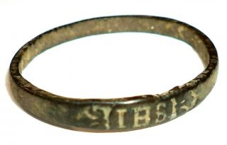 Ancient Late Medieval Religious Bronze Finger Ring With Hristogram " Ihs " (2)