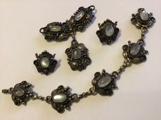 Antiques Arts & Crafts Sterling Silver Moonstone Brooch Bracelet & Earrings