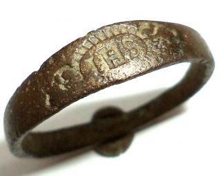 Ancient Late Medieval Religious Bronze Finger Ring With Hristogram " Ihs " (3)