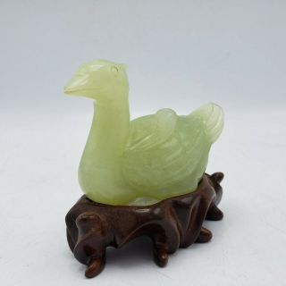 Small Jade Style Stone Figure Of A Bird On Wooden Stand 3.  5 "