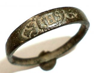 Ancient Late Medieval Religious Bronze Finger Ring With Hristogram " Ihs " (1)