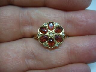Vintage Bohemian Garnet & Diamond Fully Hallmarked 9ct Gold Floral Ring Size M