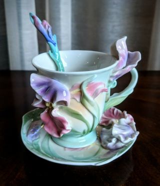 Franz Iris Windswept Beauty Porcelain Sculpted Teacup W/ Saucer/spoon Set Vtg