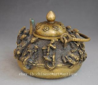 china old fengshui pure copper hand - carved Eight immortals statue teapot e01 2