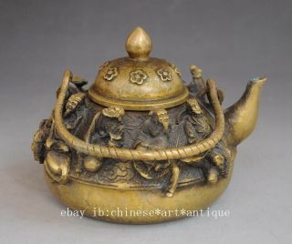 china old fengshui pure copper hand - carved Eight immortals statue teapot e01 4