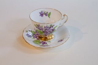 Vintage Adderley Footed Teacup Saucer Violets Fine English Bone China Gold Trim