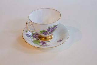 Vintage Adderley Footed Teacup Saucer Violets Fine English Bone China Gold Trim 2