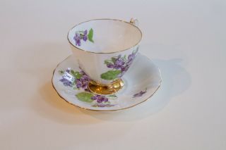 Vintage Adderley Footed Teacup Saucer Violets Fine English Bone China Gold Trim 3