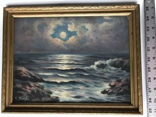Vtg Antique Charles Minghi B 1872 Il/italy Seascape Moon Moonlight Oil On Board
