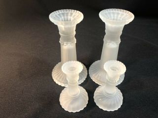 Antique Four Frosted Satin Pressed Glass Candle Stick Holders 2 Sm 2 Lg