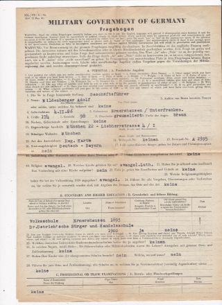 Ww.  2 Germany.  " Military Government Of Germany " / " Fragebogen " 6