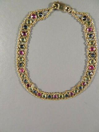Vintage 1960s 14k Yellow Gold Ruby,  Sapphire,  Tourmaline Tennis Bracelet - 7 "