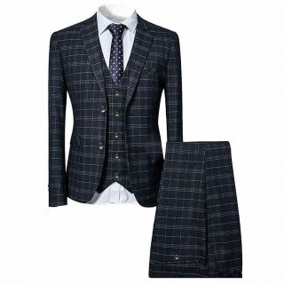 Mens 3 Piece Slim Fit Checked Suit Blue/black Single Breasted Vintage Suits