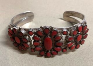 Vintage Leo Feeney Red Coral Sterling Cuff Bracelet Signed