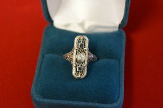 Vintage BELAIS Art Deco 14K White Gold Diamond & Sapphire Intricate Ring SZ 6.  5 10