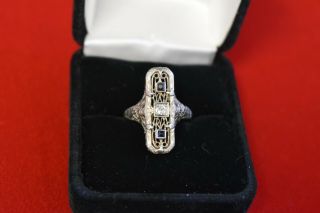 Vintage Belais Art Deco 14k White Gold Diamond & Sapphire Intricate Ring Sz 6.  5