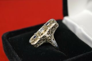 Vintage BELAIS Art Deco 14K White Gold Diamond & Sapphire Intricate Ring SZ 6.  5 3