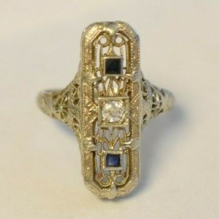 Vintage BELAIS Art Deco 14K White Gold Diamond & Sapphire Intricate Ring SZ 6.  5 5