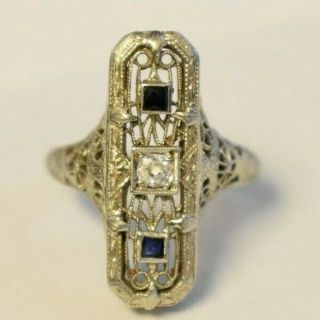 Vintage BELAIS Art Deco 14K White Gold Diamond & Sapphire Intricate Ring SZ 6.  5 6