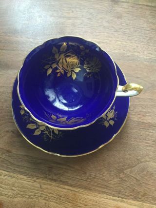 Shelley England Cobalt Blue Gold Fluted Footed Signed Cup Saucer