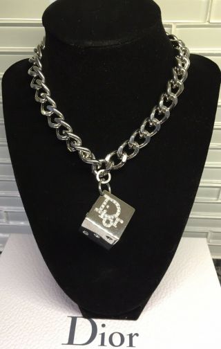 Auth Massive Vintage Christian Dior Crystal Logo Dice Silver Tone Chain Necklace