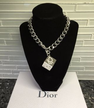 Auth Massive Vintage Christian Dior Crystal Logo Dice Silver Tone Chain Necklace 2