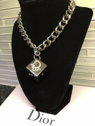 Auth Massive Vintage Christian Dior Crystal Logo Dice Silver Tone Chain Necklace 3