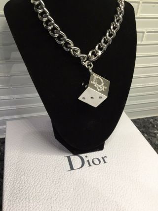 Auth Massive Vintage Christian Dior Crystal Logo Dice Silver Tone Chain Necklace 4