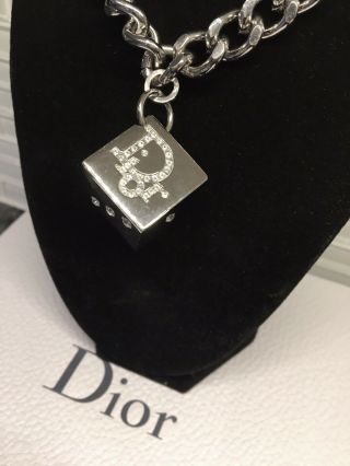 Auth Massive Vintage Christian Dior Crystal Logo Dice Silver Tone Chain Necklace 5