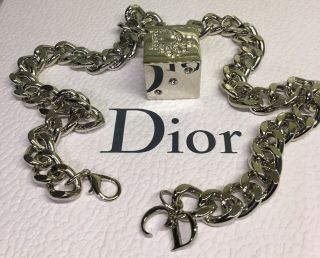 Auth Massive Vintage Christian Dior Crystal Logo Dice Silver Tone Chain Necklace 6
